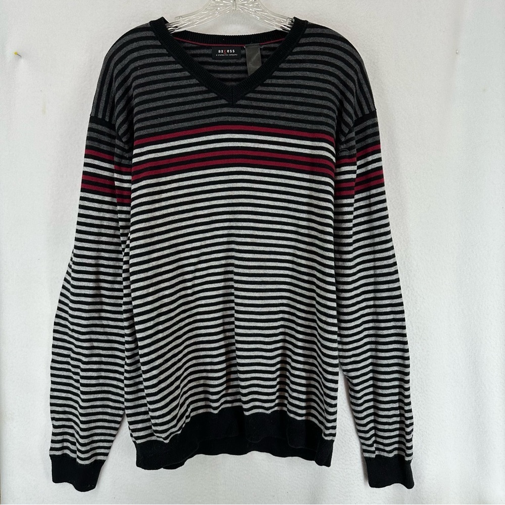 Axcess Striped V Neck Long Sleeve Pullover Sweater Mens XL Gray